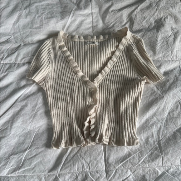 Cream Ribbed Ruffle Cardigan Top – Size S, Button Front, Short Sleeve, Cropped - Picture 1 of 12